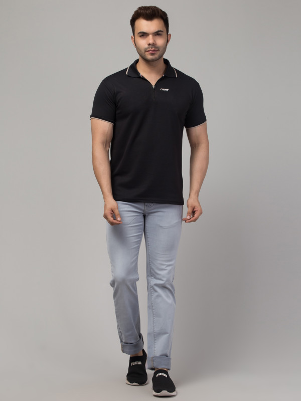 Striped Men Polo Neck Black T-Shirt