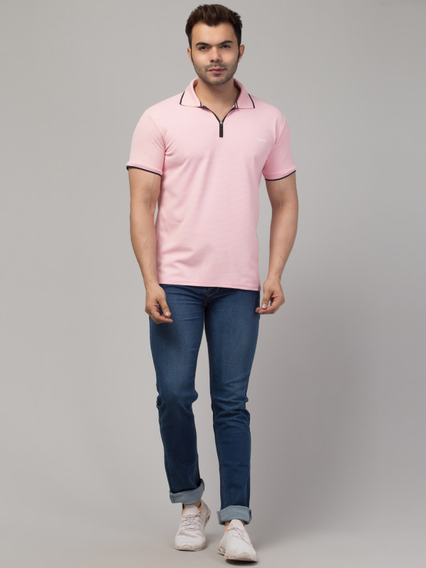 Striped Men Polo Neck Pink T-Shirt
