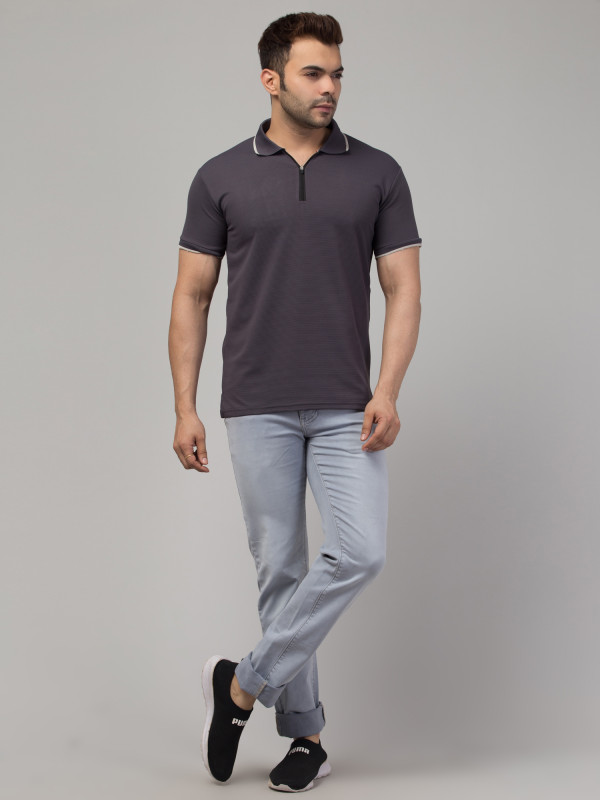 Striped Men Polo Neck Dark Grey T-Shirt