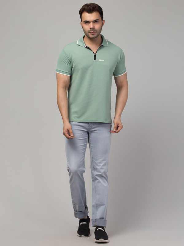 Striped Men Polo Neck Green T-Shirt