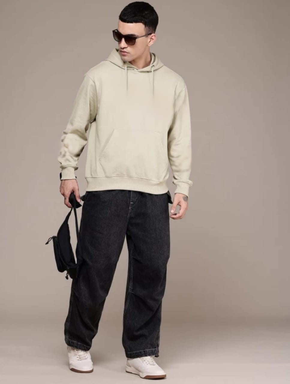 Men Full Sleeve Beige Solid Hooded Sweatshirt