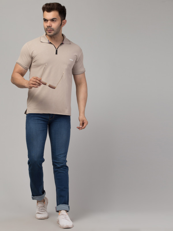Striped Men Polo Neck Brown T-Shirt