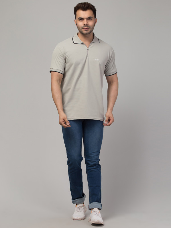 Striped Men Polo Neck Grey T-Shirt
