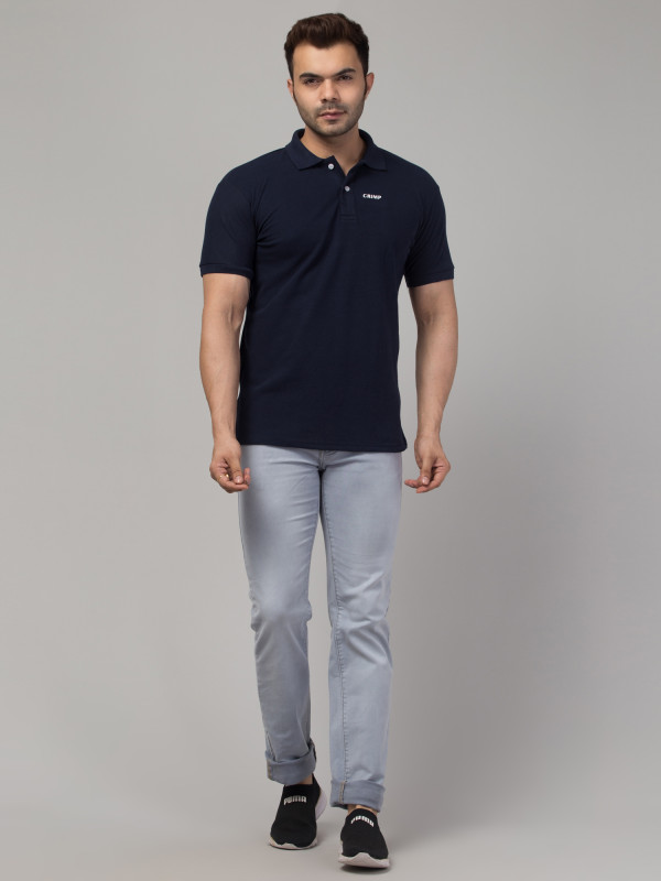 Solid Men Polo Neck Dark Blue T-Shirt